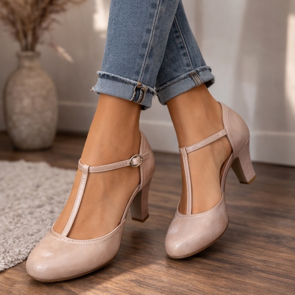 Hispanitas Taupe Patent Leather T-Strap Heels – Like New – Size 37